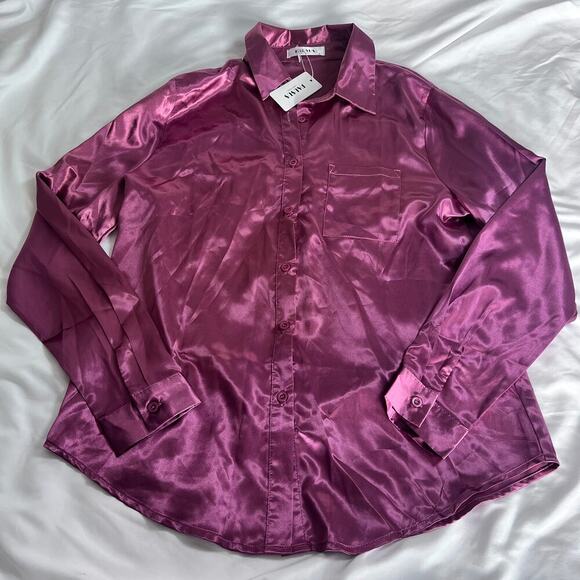 ✨Pausus Womens Small Blouse Pink Satin Silk Button Up Long Sleeve Shirt Top NWT - Picture 1 of 7